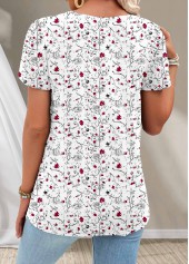 Ditsy Floral Print Button White Short Sleeve T Shirt