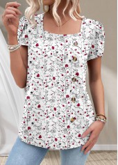 Ditsy Floral Print Button White Short Sleeve T Shirt