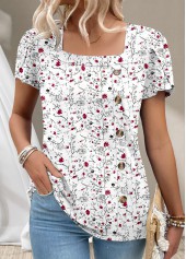 Ditsy Floral Print Button White Short Sleeve T Shirt