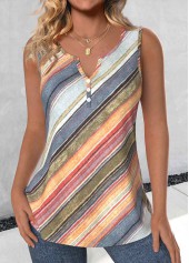 Striped Button Multi Color Sleeveless Split Neck Tank Top