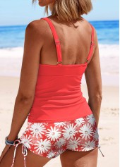 Daisy Print Ruched Peach Red Tankini Set