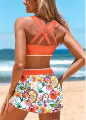 Floral Print Patchwork Orange Bikini Set
