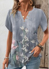 Floral Print Patchwork Grey Short Sleeve T Shirt