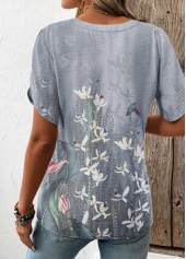 Floral Print Patchwork Grey Short Sleeve T Shirt