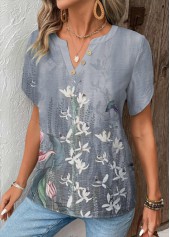 Floral Print Patchwork Grey Short Sleeve T Shirt