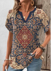 Tribal Print Split Multi Color Short Sleeve T Shirt