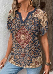 Tribal Print Split Multi Color Short Sleeve T Shirt