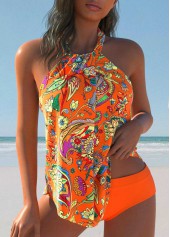 Floral Print Twist Orange Tankini Set