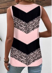 Striped Patchwork Light Pink Sleeveless Round Neck Tank Top