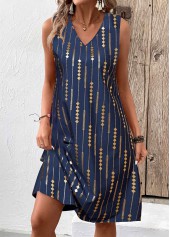 Geometric Print Hot Stamping Blue A Line Sleeveless Dress