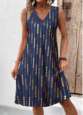 Geometric Print Hot Stamping Blue A Line Sleeveless Dress