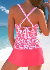 Random Floral Print Contrast Binding Pink Tankini Set