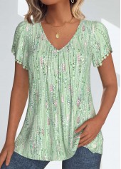 Geometric Print Patchwork Light Green Short Sleeve T Shirt