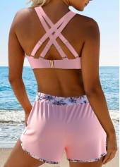 Tropical Plants Print Drawstring Light Pink Bikini Set