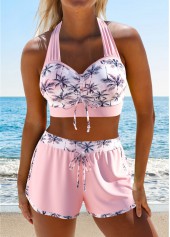 Tropical Plants Print Drawstring Light Pink Bikini Set