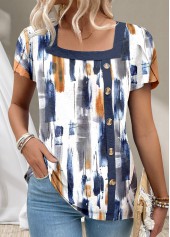 Graffiti Print Button Navy Short Sleeve T Shirt