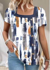 Graffiti Print Button Navy Short Sleeve T Shirt