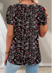 Plus Size Black Button Ditsy Floral Print T Shirt