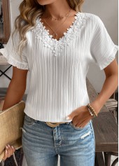 Patchwork White Short Sleeve V Neck Blouse