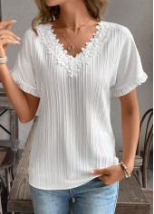 Patchwork White Short Sleeve V Neck Blouse