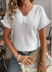 Patchwork White Short Sleeve V Neck Blouse