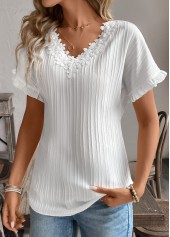 Patchwork White Short Sleeve V Neck Blouse