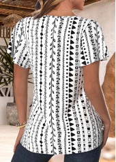 Geometric Print Scalloped Hem White Short Sleeve T Shirt