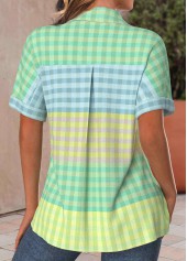 Plaid Pocket Multi Color Short Sleeve Shirt Collar Blouse