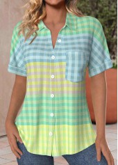 Plaid Pocket Multi Color Short Sleeve Shirt Collar Blouse