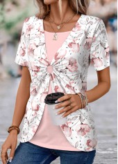 Floral Print Fake 2in1 Light Pink T Shirt