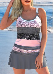 Multi Stripe Print Drawstring Dark Grey Marl Tankini Set