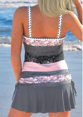 Multi Stripe Print Drawstring Dark Grey Marl Tankini Set
