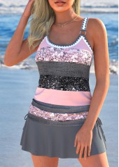 Multi Stripe Print Drawstring Dark Grey Marl Tankini Set