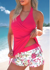 Random Floral Print Drawstring Hot Pink Tankini Set
