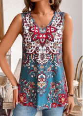 Tribal Print Multi Color Sleeveless V Neck Tank Top