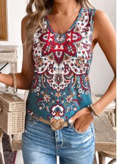 Tribal Print Multi Color Sleeveless V Neck Tank Top