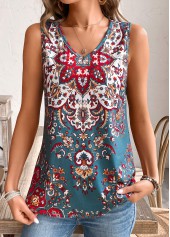 Tribal Print Multi Color Sleeveless V Neck Tank Top