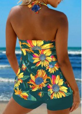 Floral Print Criss Cross Blackish Green Tankini Set