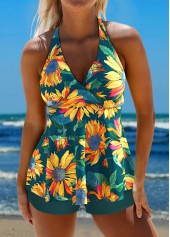 Floral Print Criss Cross Blackish Green Tankini Set