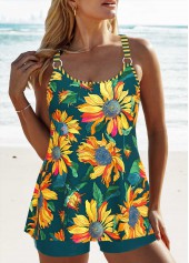 Floral Print Circular Ring Blackish Green Tankini Set