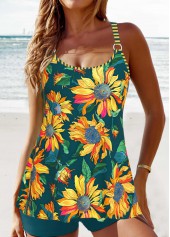 Floral Print Circular Ring Blackish Green Tankini Set