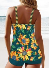 Floral Print Circular Ring Blackish Green Tankini Set