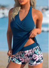 Floral Print Criss Cross Peacock Blue Tankini Set