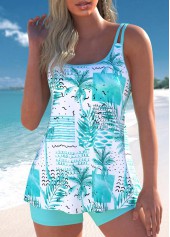 Tropical Plants Print Lightweight Cyan Tankini Set