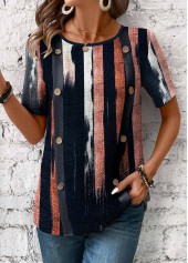 Multi Stripe Print Button Navy Short Sleeve T Shirt
