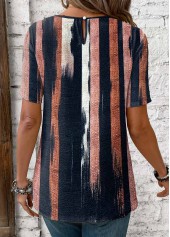 Multi Stripe Print Button Navy Short Sleeve T Shirt