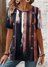 Multi Stripe Print Button Navy Short Sleeve T Shirt