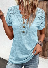 Lace Light Blue Short Sleeve V Neck T Shirt