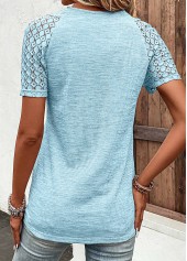 Lace Light Blue Short Sleeve V Neck T Shirt