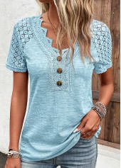 Lace Light Blue Short Sleeve V Neck T Shirt